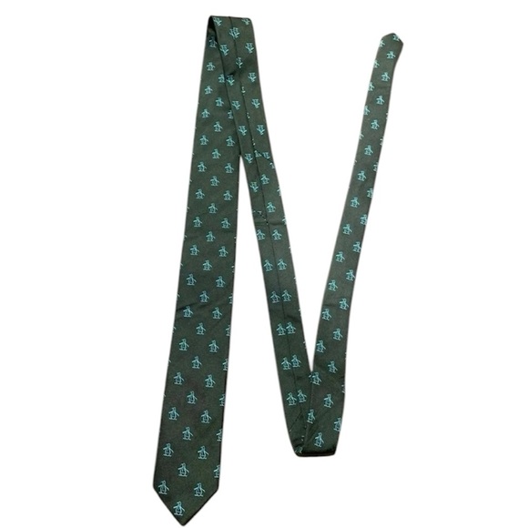 Original Penguin 100% Silk Skinny Necktie All-Over Logo Green - Picture 1 of 9